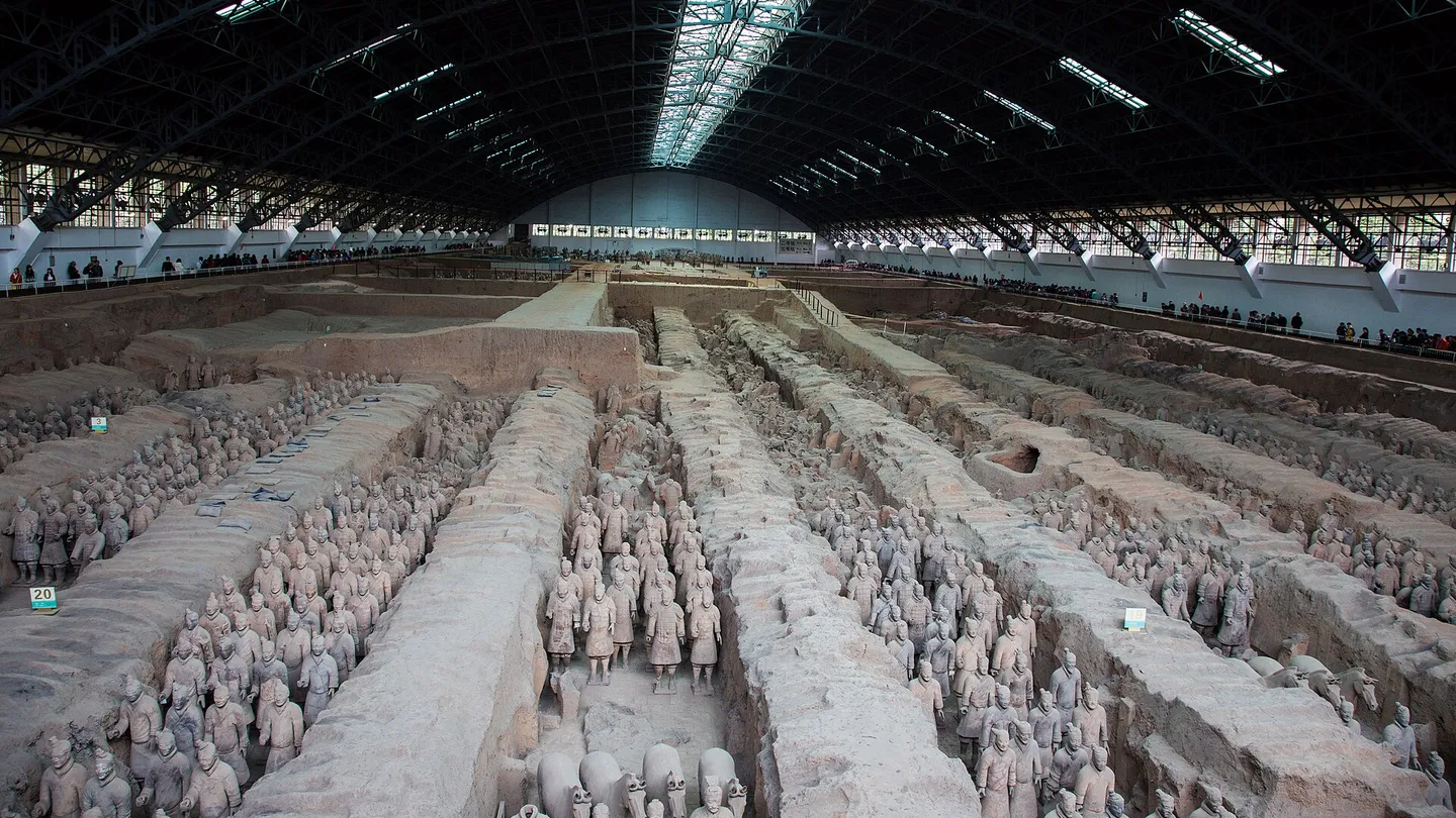 Rows of terracotta warriors in Pit 1 at the Terracotta Army Museum